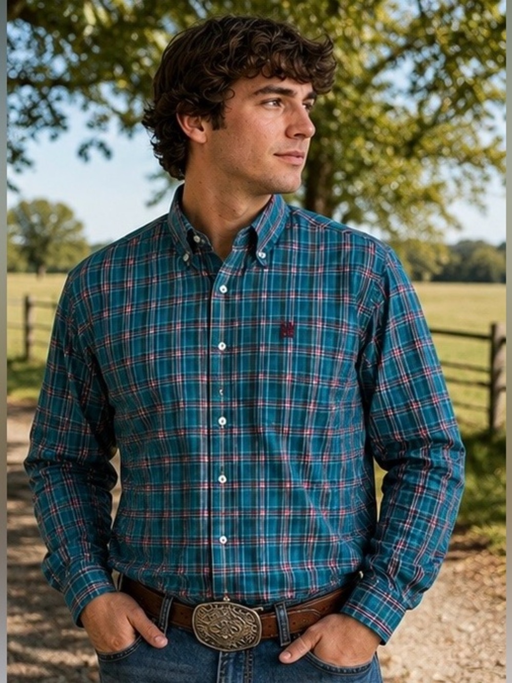 Cinch Western Plaid Button Down Shirt XL Turquoise Blue & Cyan